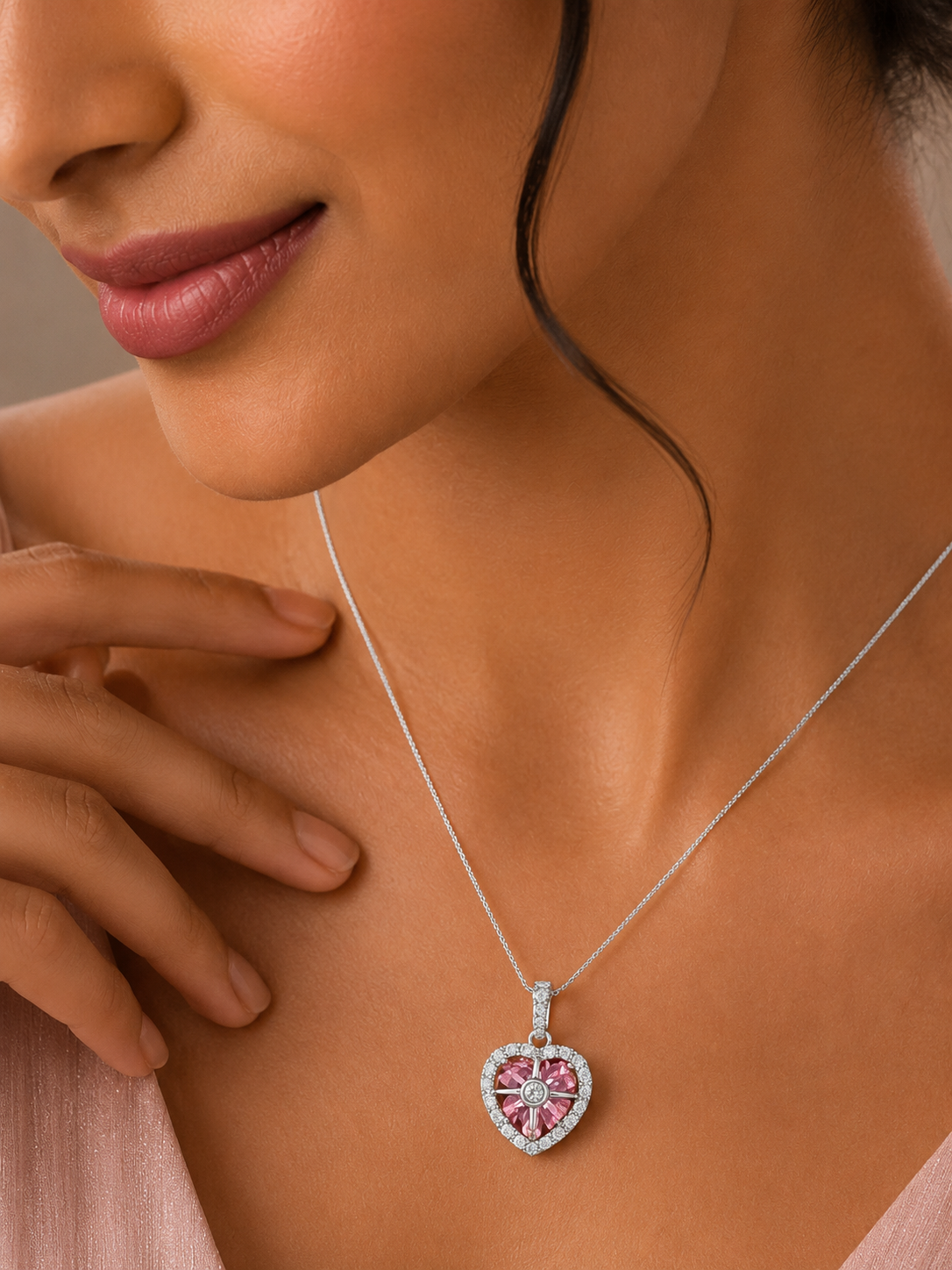 Pink Heart Crystal Pendant Necklace