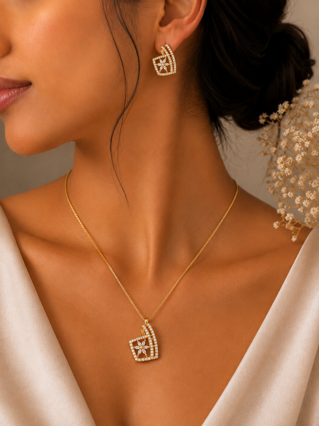 Floral Frame Diamond Pendant & Earring Set