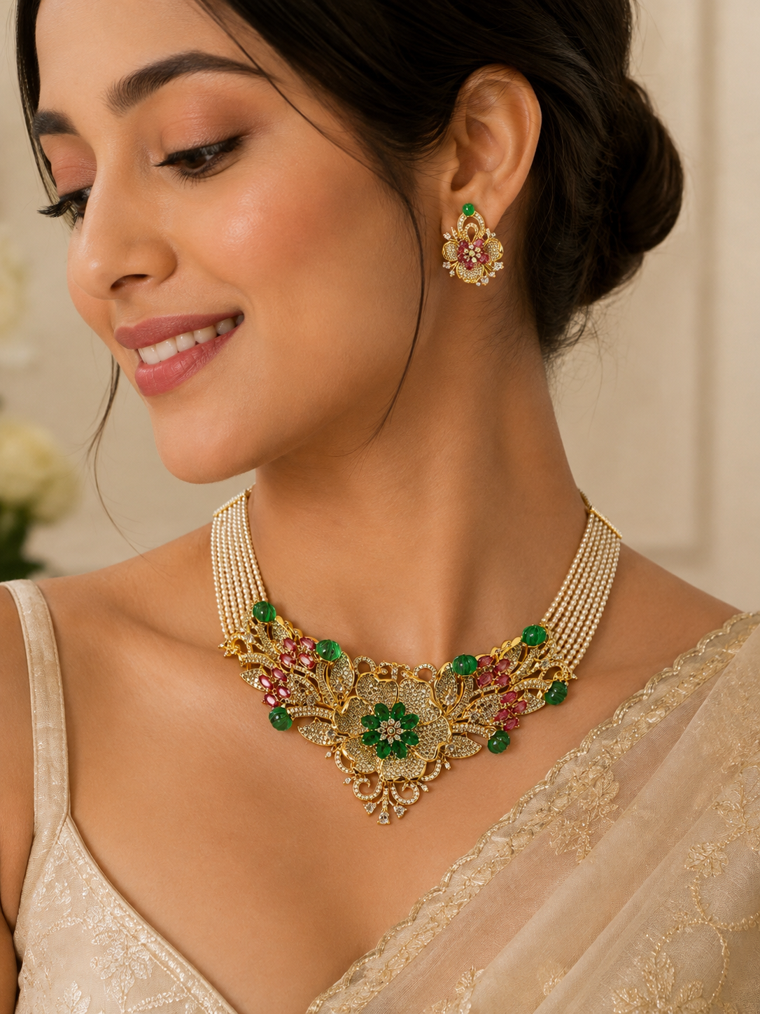 Ornate Emerald and Ruby Pearl Jewelry Set