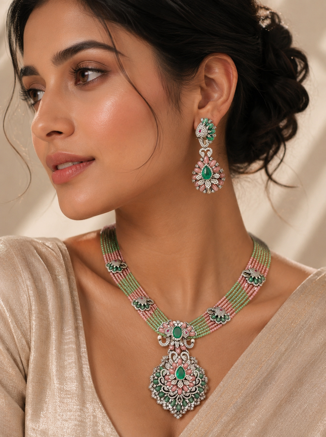 Ornate Emerald and Pink Jewelry Set