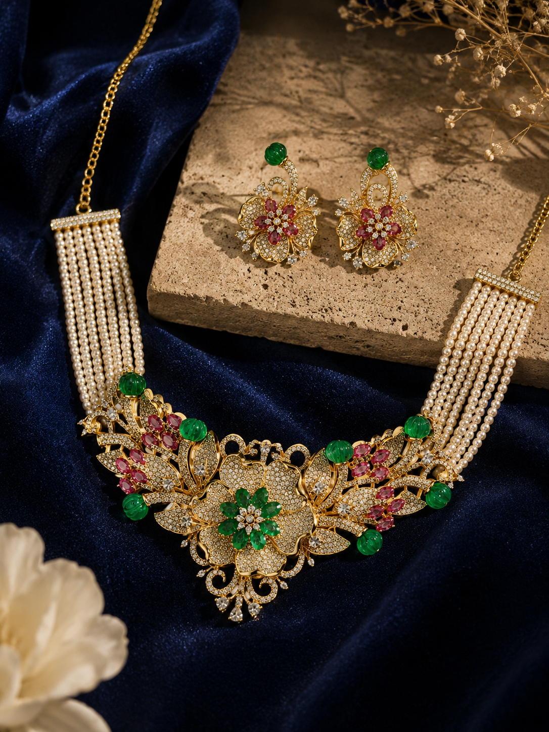 Ornate Emerald and Ruby Pearl Jewelry Set
