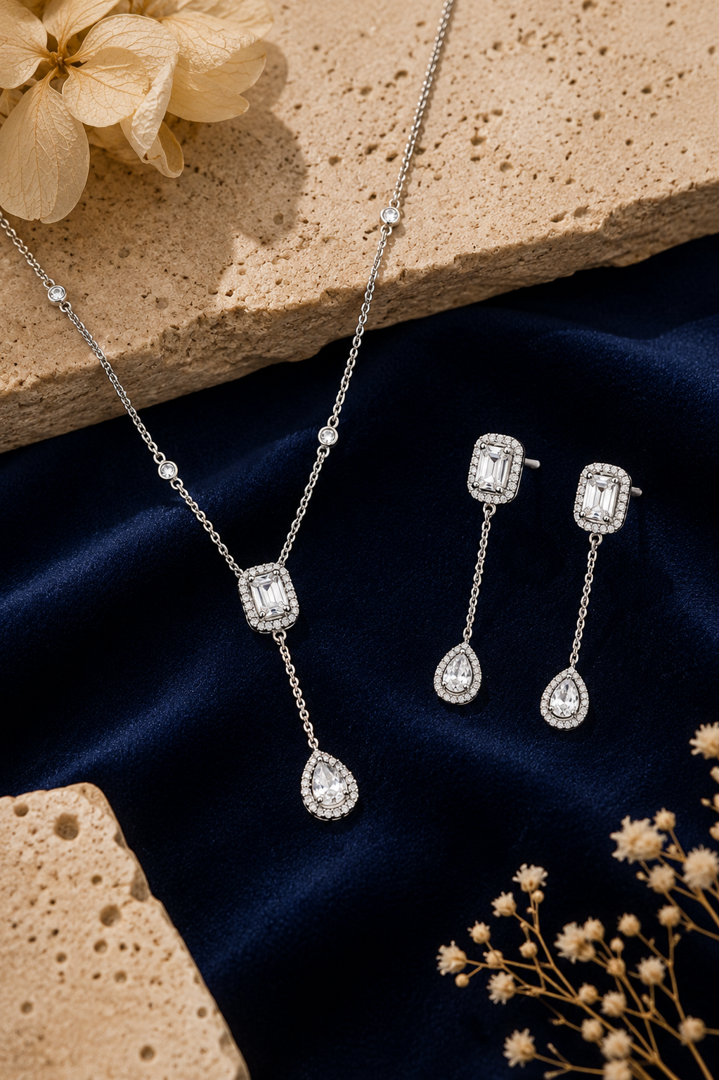 Elegant Silver Drop Earrings and Necklace Set