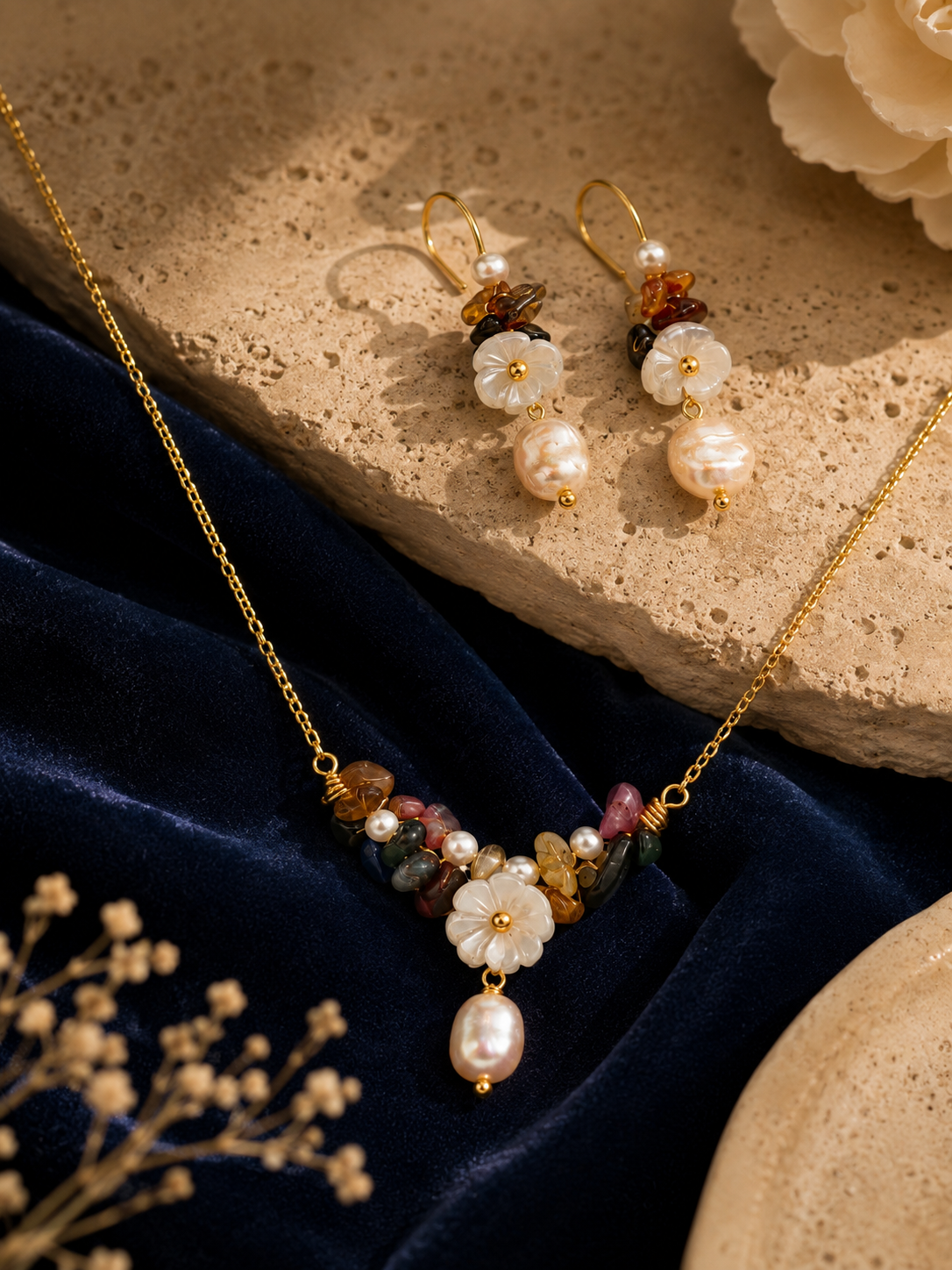 Multicolor Gemstone and Pearl Jewelry Set