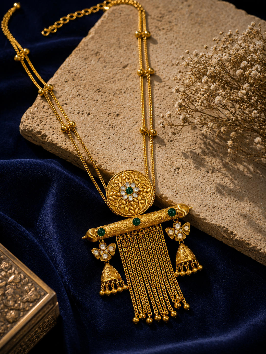 Ornate Gold & Emerald Jhumka Jewelry Set