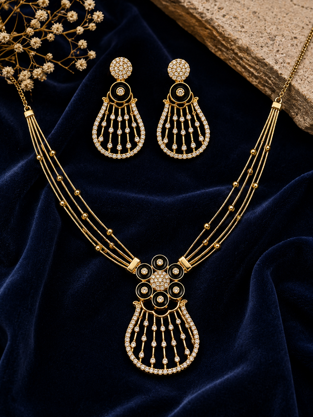 Symmetrical Gold and Black Enamel Jewelry Set