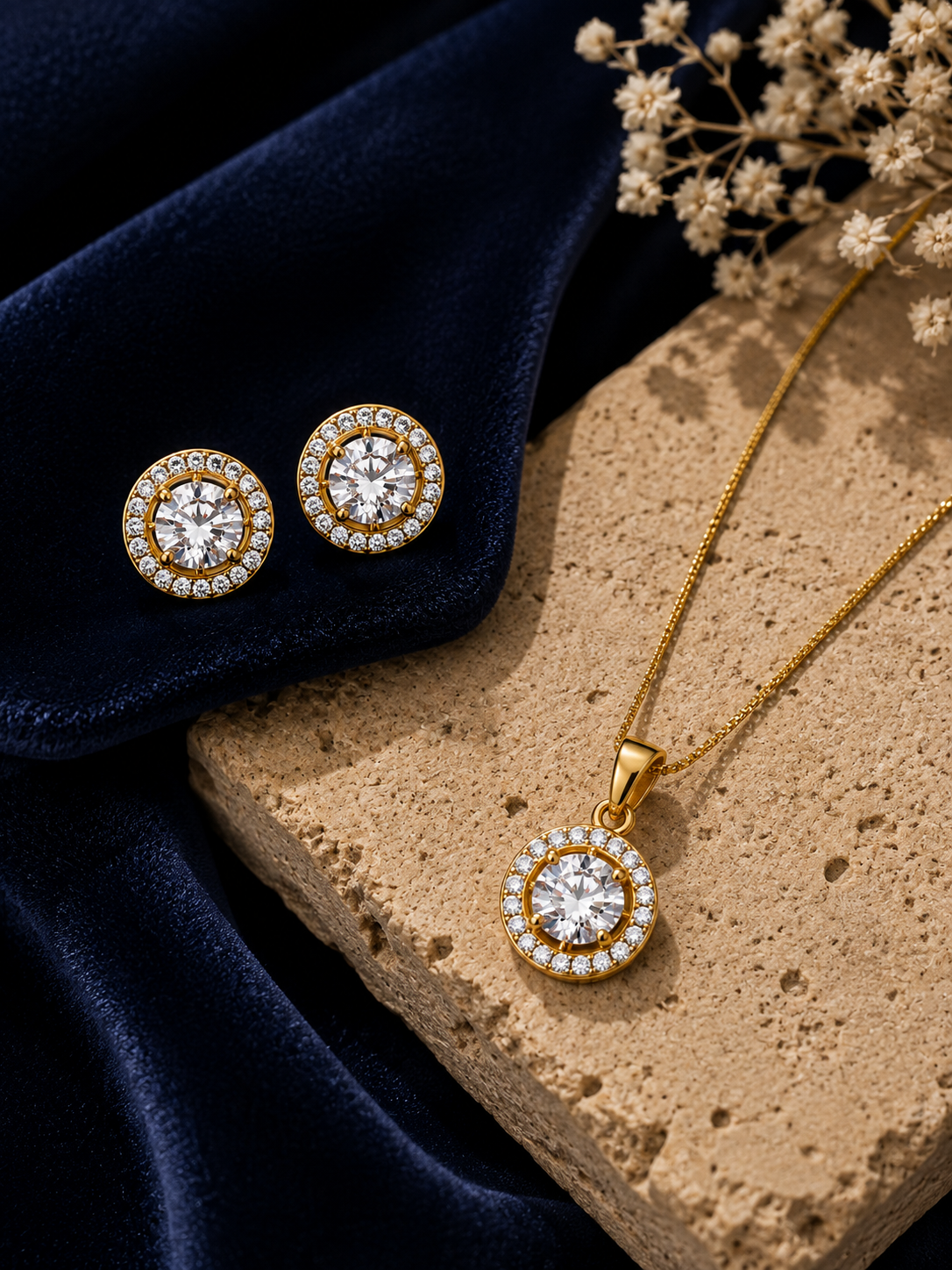Golden Halo Studs and Pendant Set