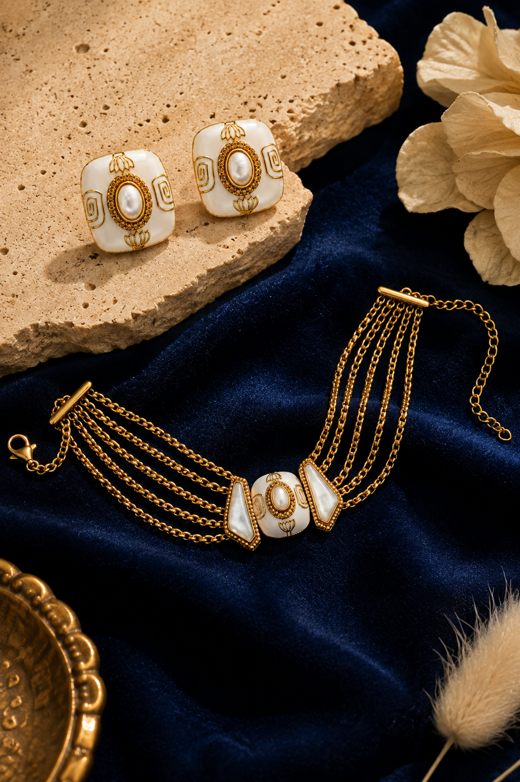 Ornate Gold & Pearl Enamel Jewelry Set