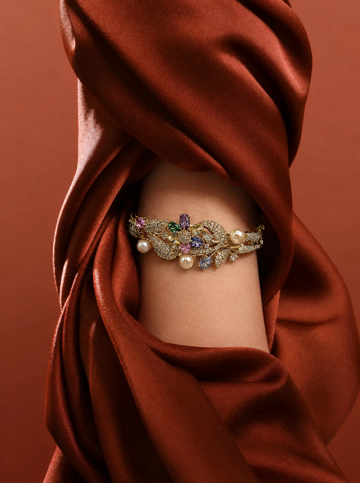 Multicolour Pearl Floral Cuff Bracelet