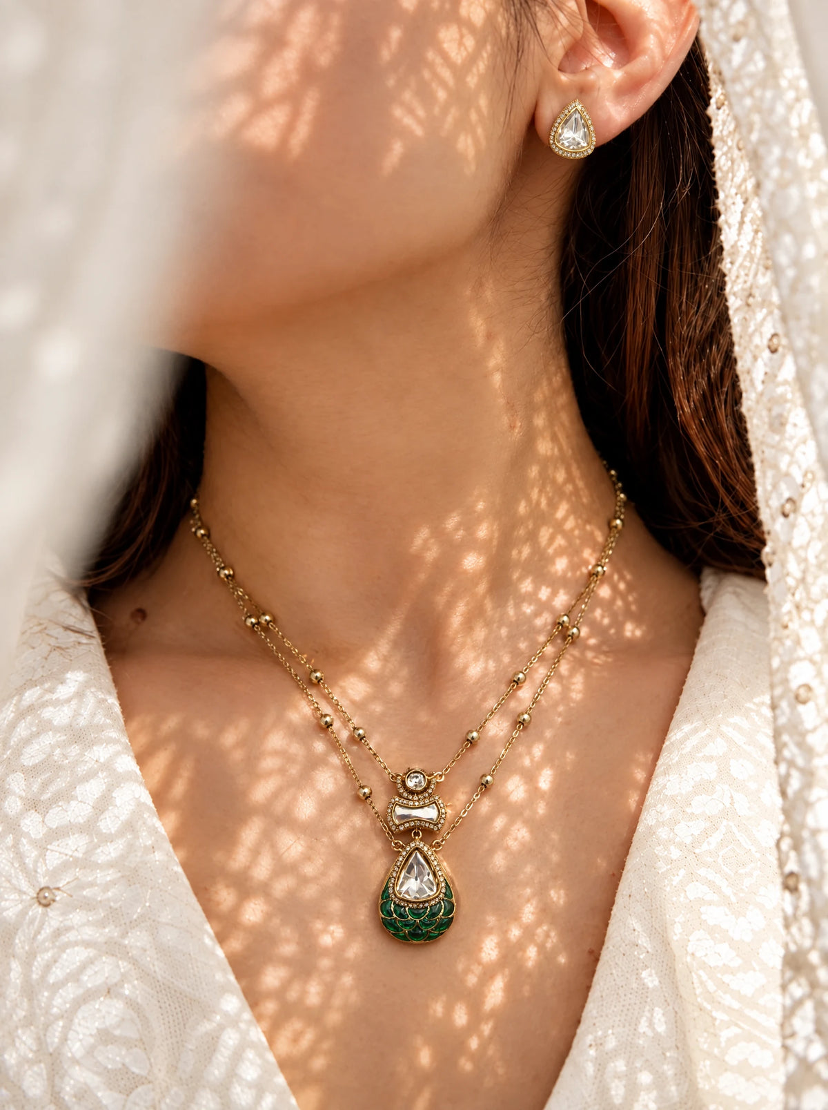 Emerald Teardrop Double Layer Necklace