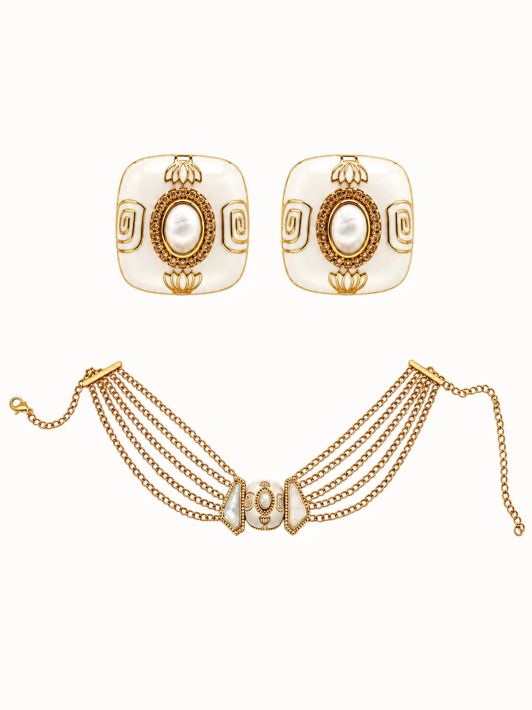Ornate Gold & Pearl Enamel Jewelry Set