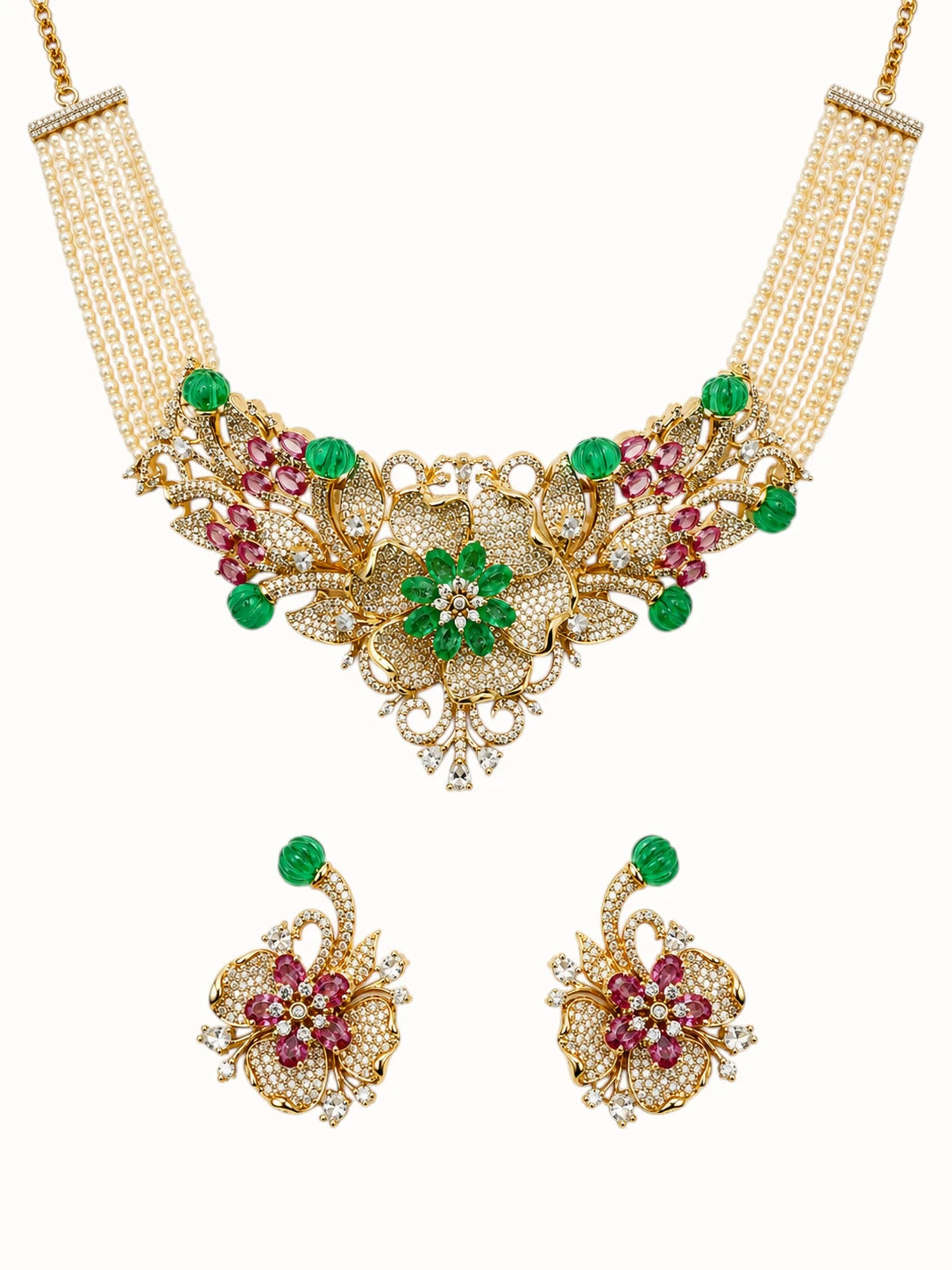 Ornate Emerald and Ruby Pearl Jewelry Set