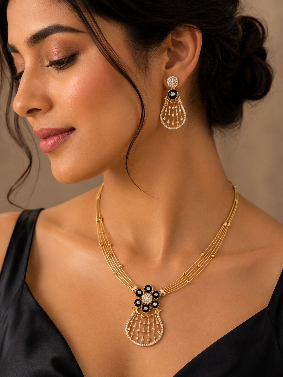 Symmetrical Gold and Black Enamel Jewelry Set