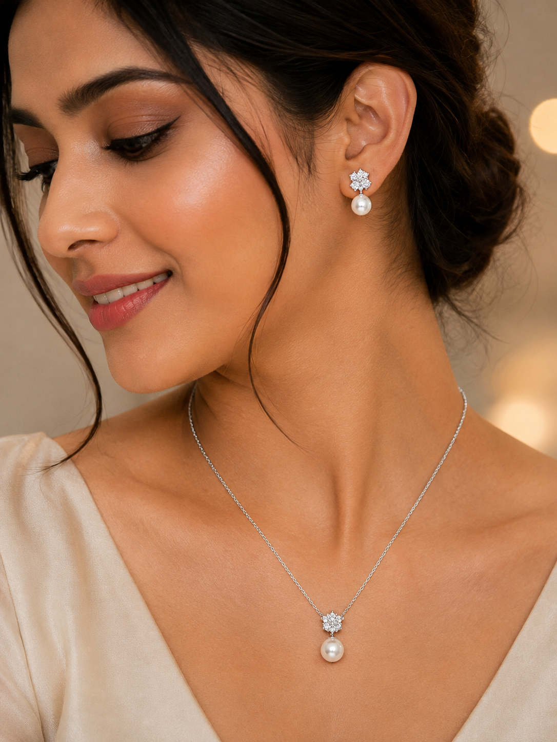 Pearl and Diamond Floral Jewelry Set