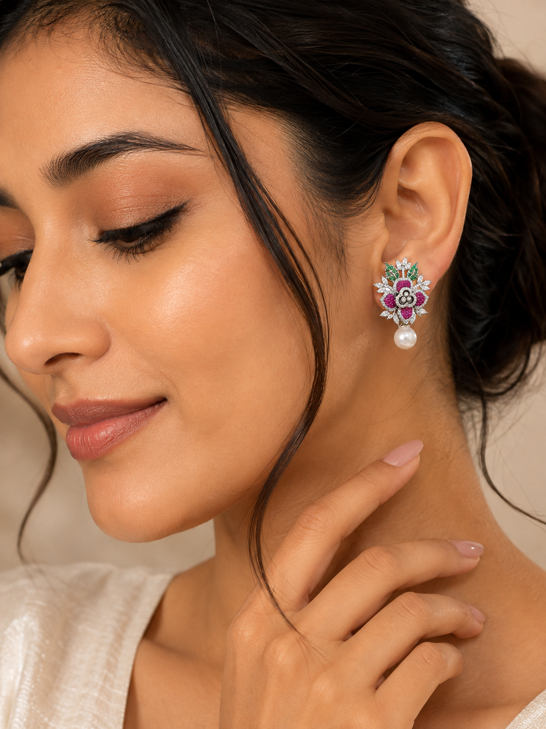Fuchsia Floral Pearl Drop Earrings