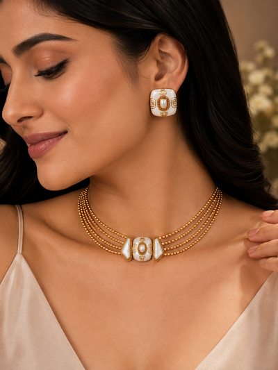 Ornate Gold & Pearl Enamel Jewelry Set