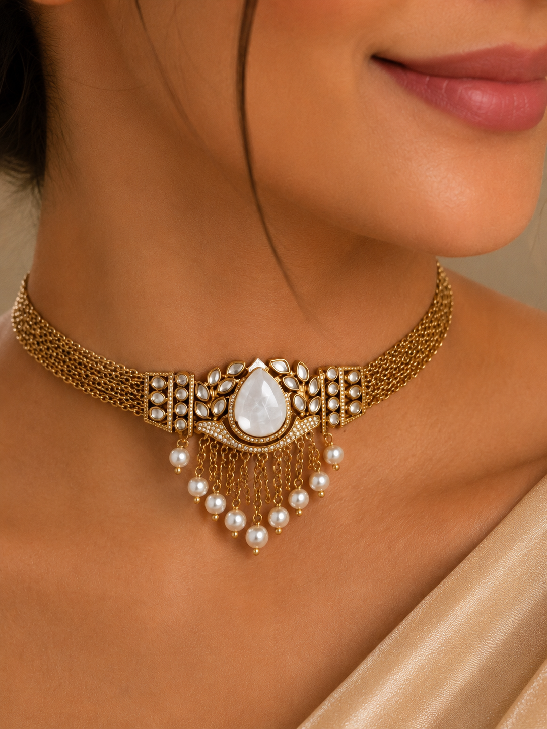 Gold Choker & Golden Leaf Mother-of-Pearl Jewelry Set