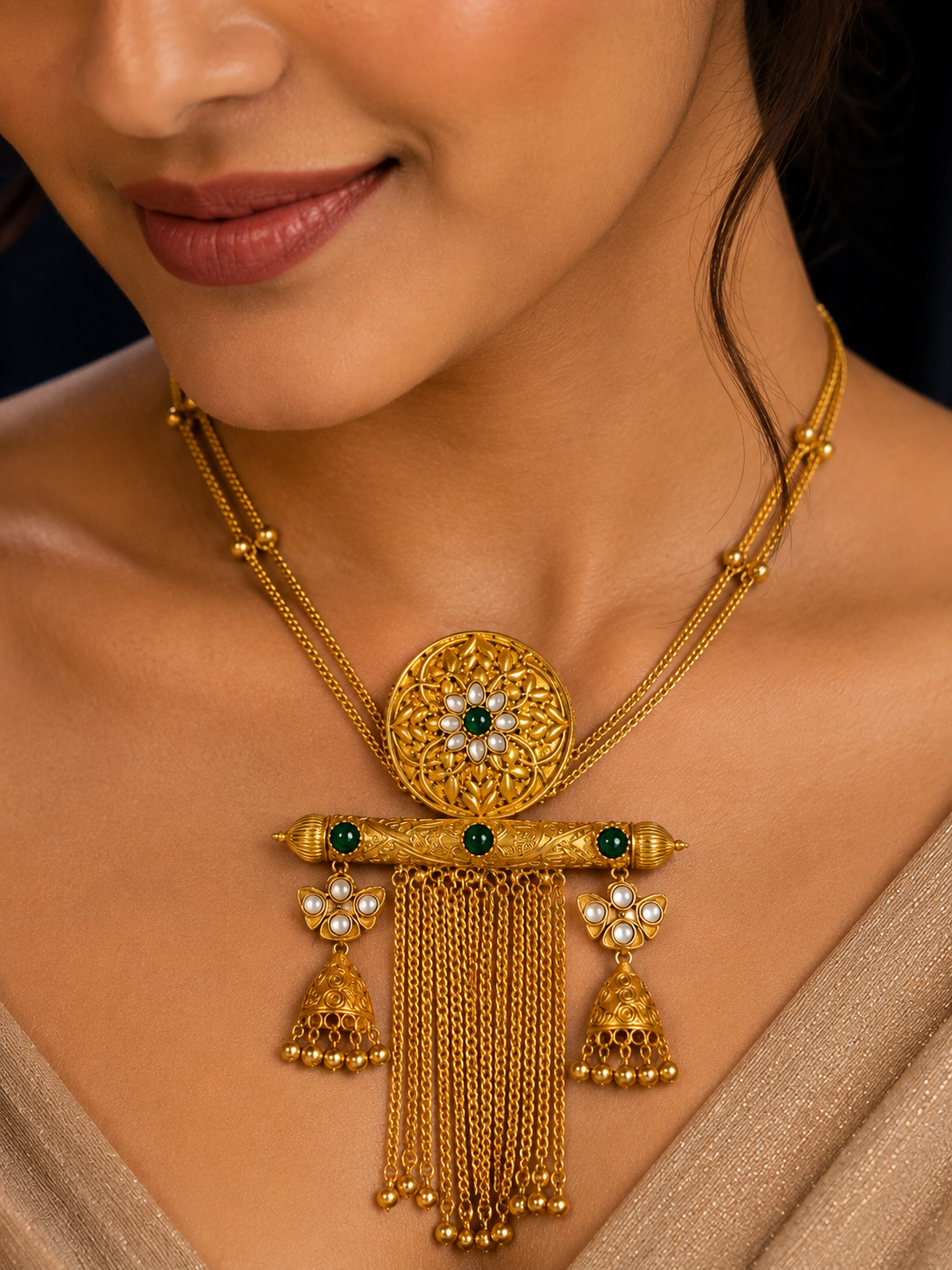 Ornate Gold & Emerald Jhumka Jewelry Set