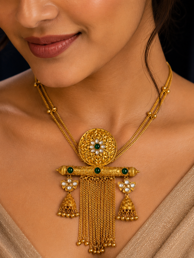 Ornate Gold & Emerald Jhumka Jewelry Set