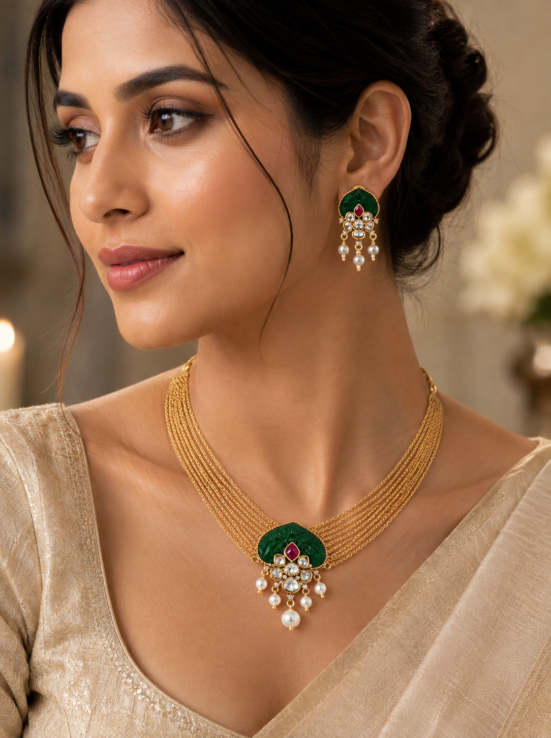 Ornate Green and Gold Jewelry Set