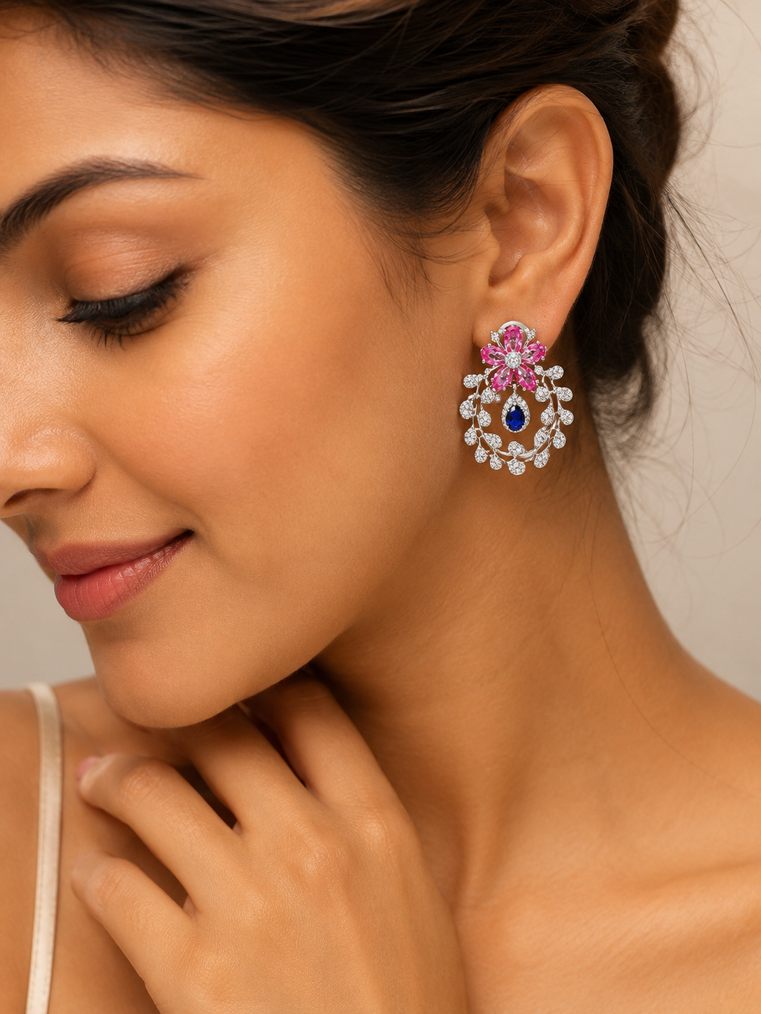 Pink Floral Sapphire Hoop Earrings