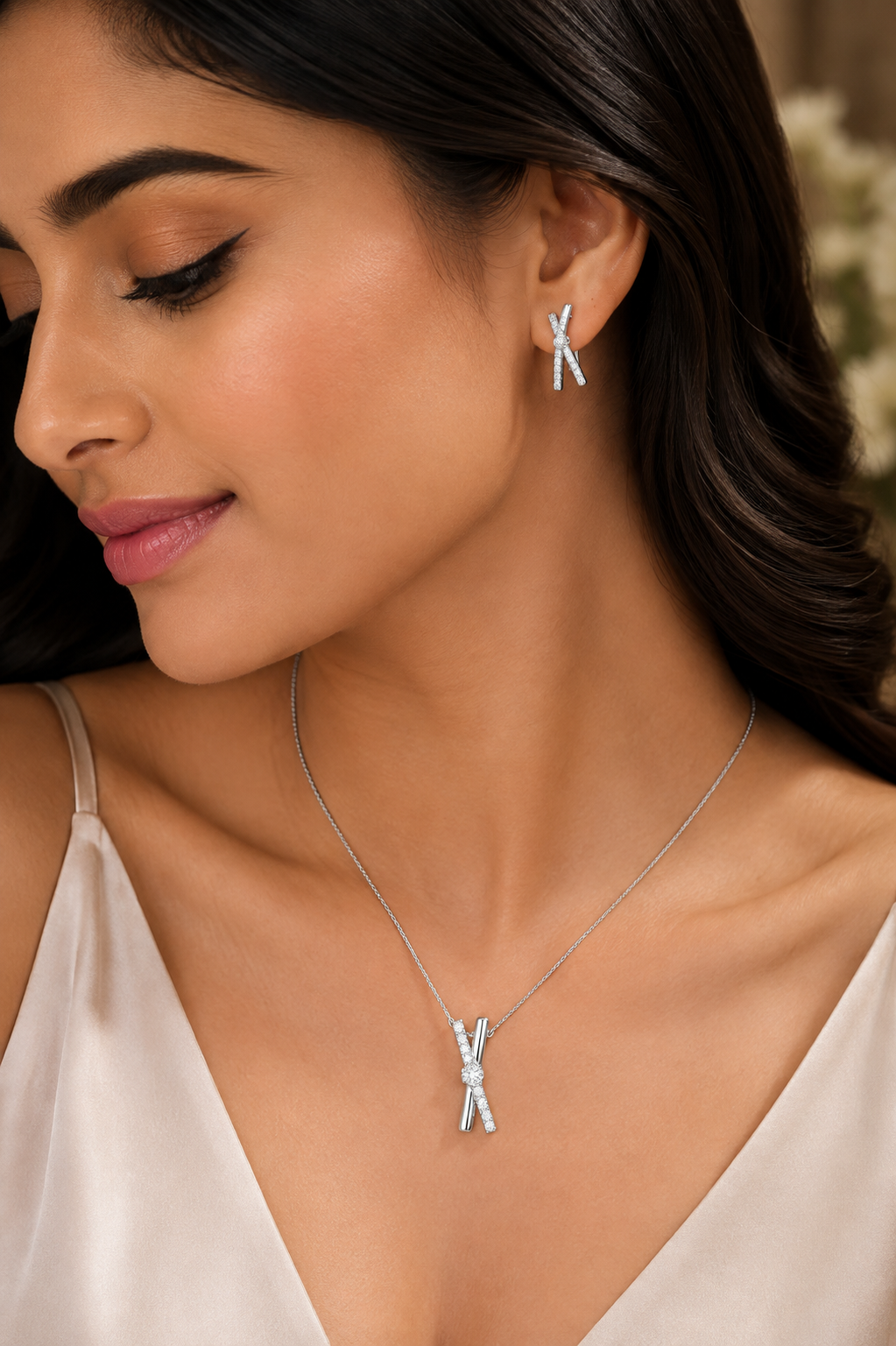 Minimalist Silver Diamond Cross Jewelry Set