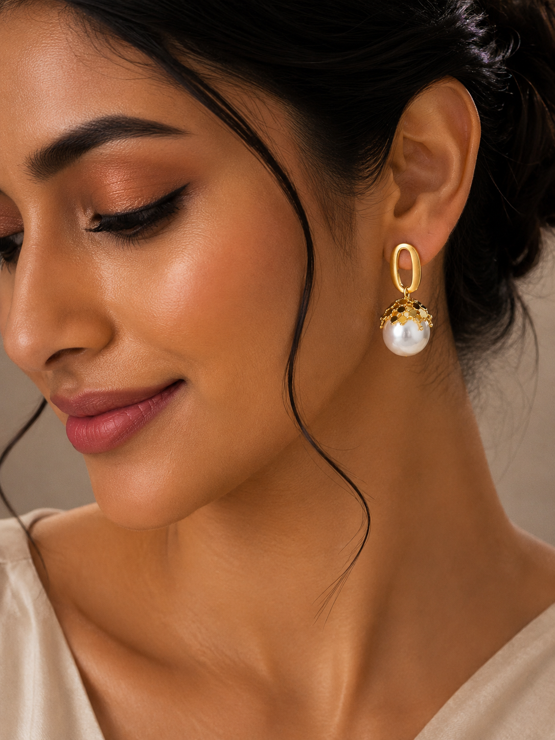 Symmetrical Gold-Tone Pearl Drop Earrings