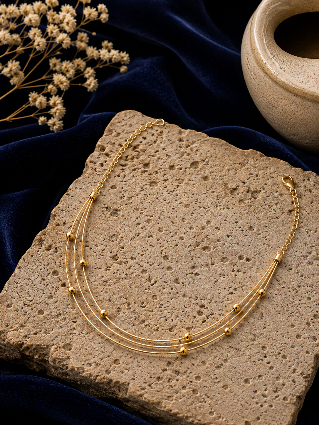 Triple-Strand Beaded Gold-Tone Necklace
