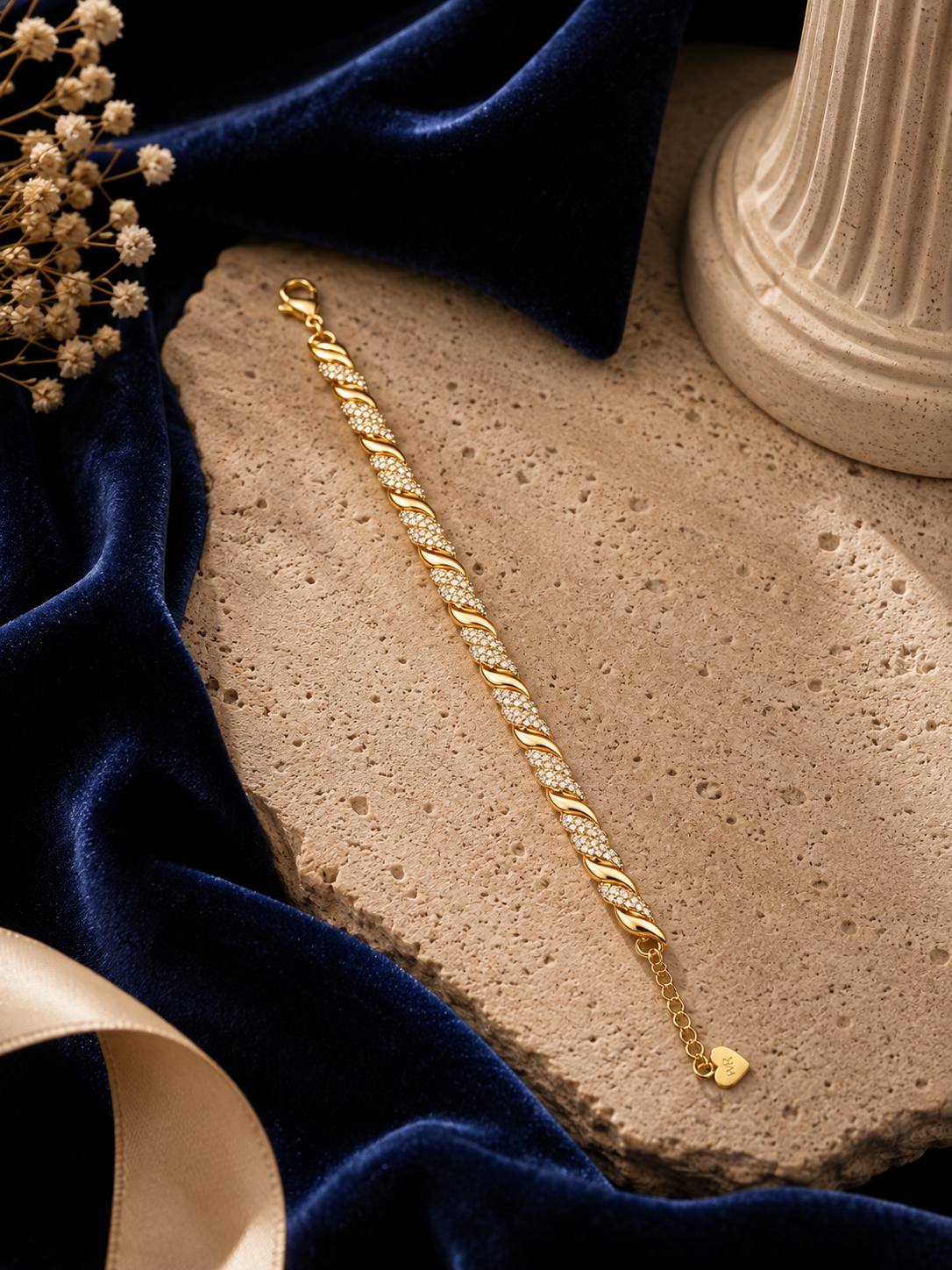 Gold Pavé Twist Bracelet with Heart Charm