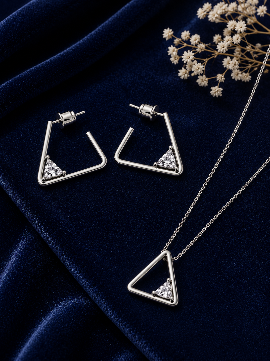 Minimal Silver Diamond Triangle Jewelry Set