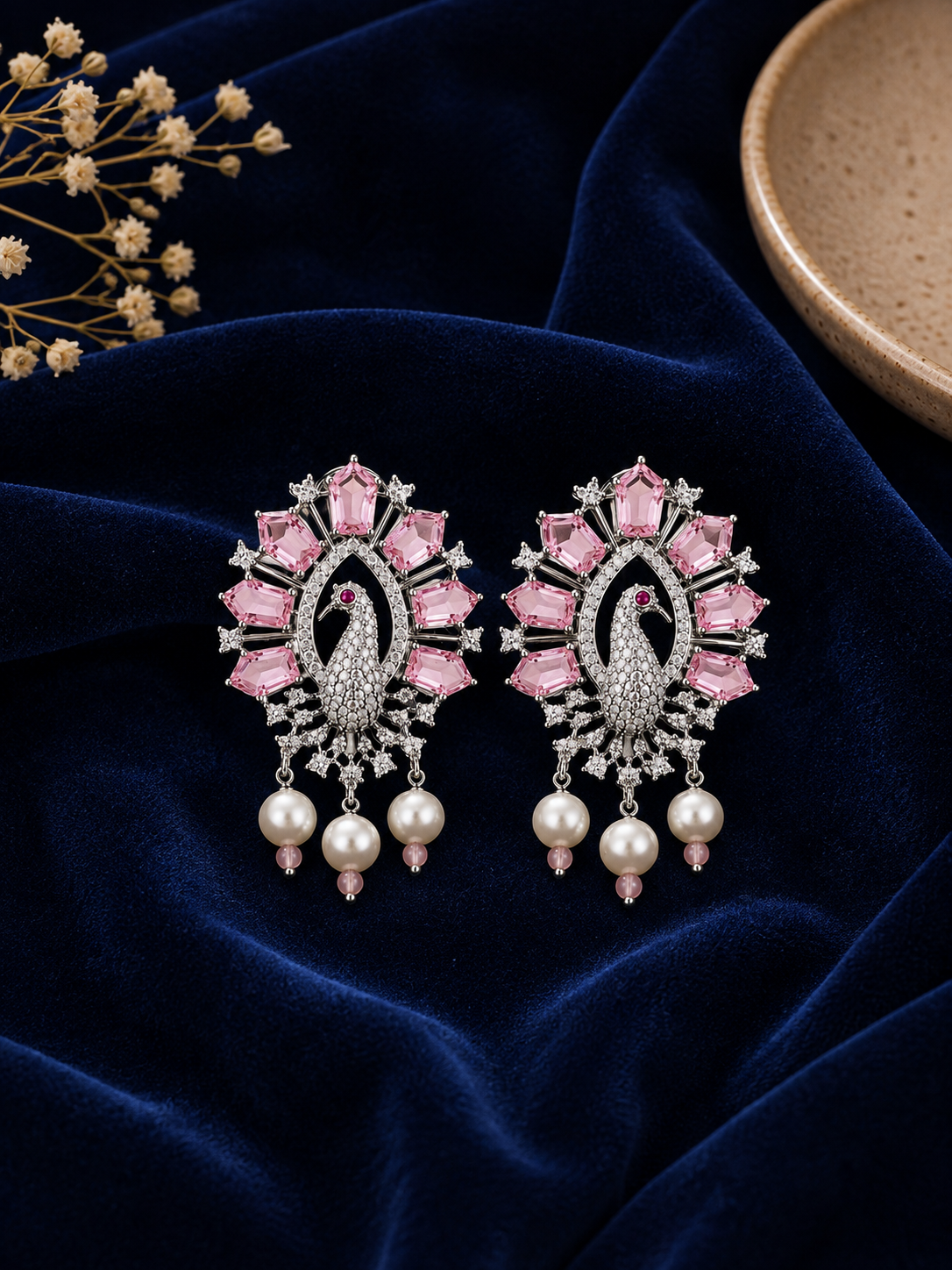 Ornate Pink Peacock Earings