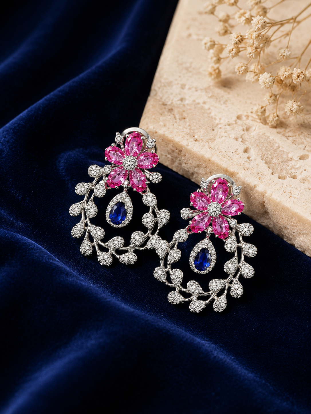Pink Floral Sapphire Hoop Earrings