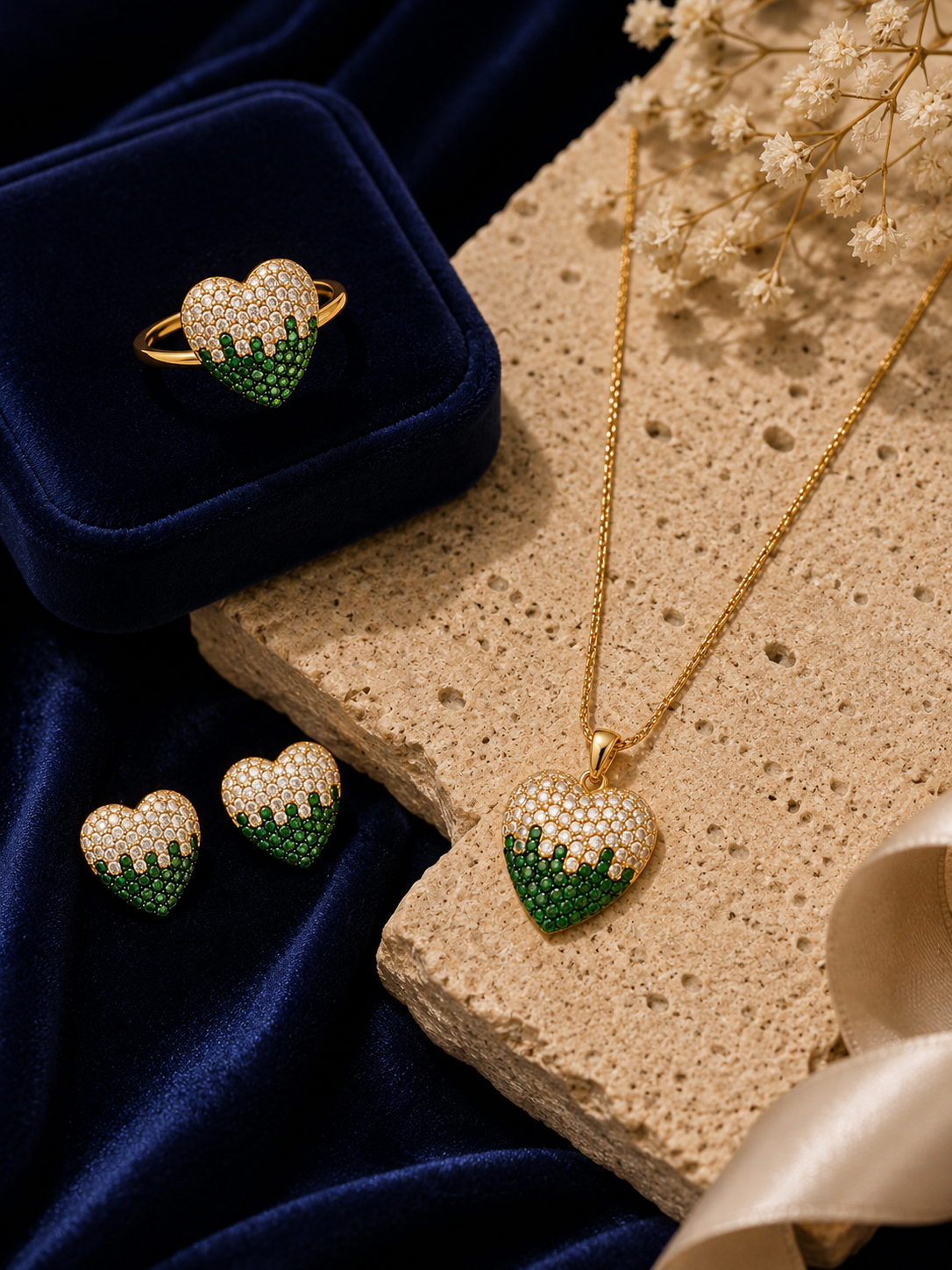 Emerald Drip Heart Jewelry Set