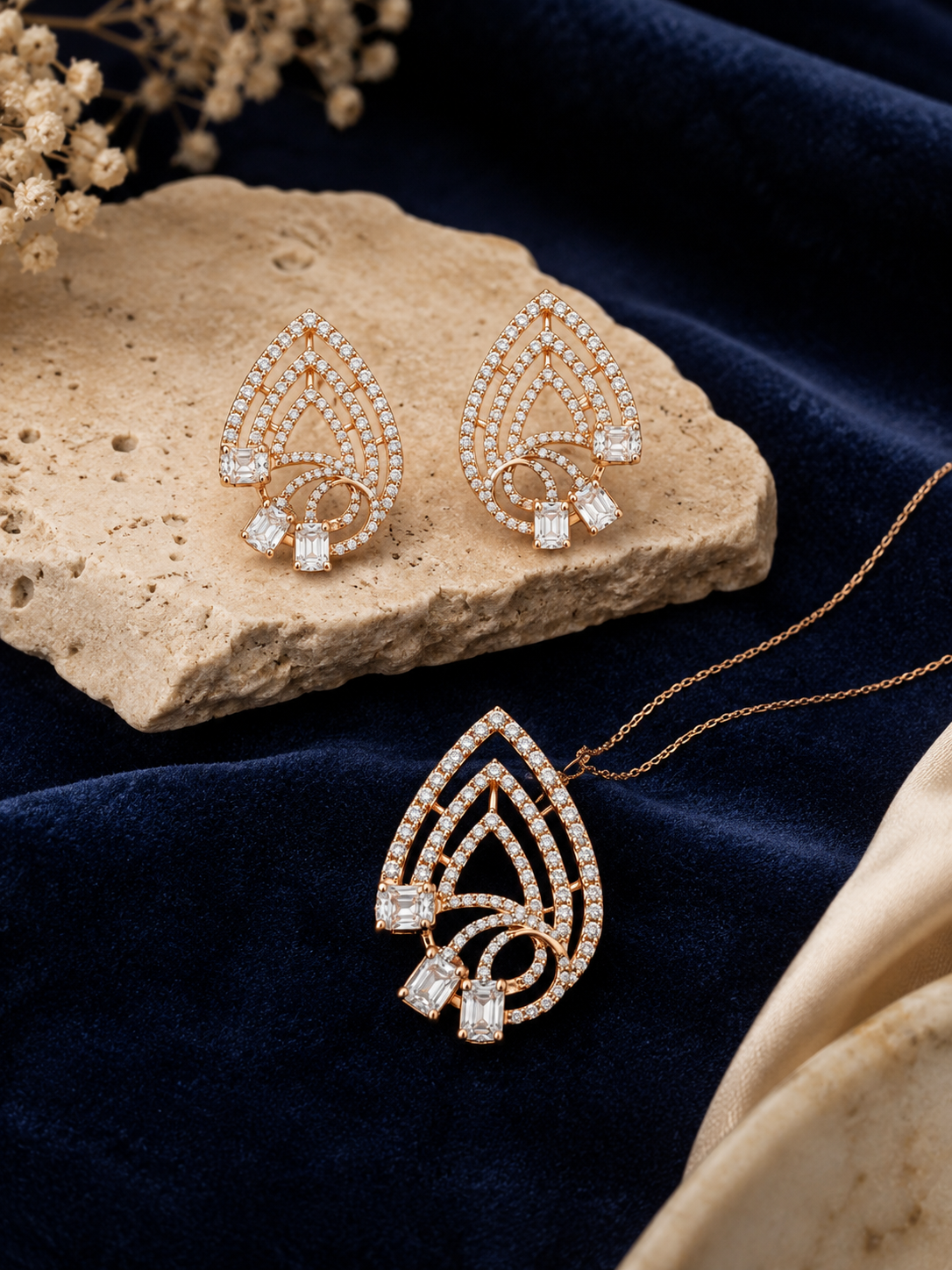 Rose Gold Teardrop Diamond Jewelry Set