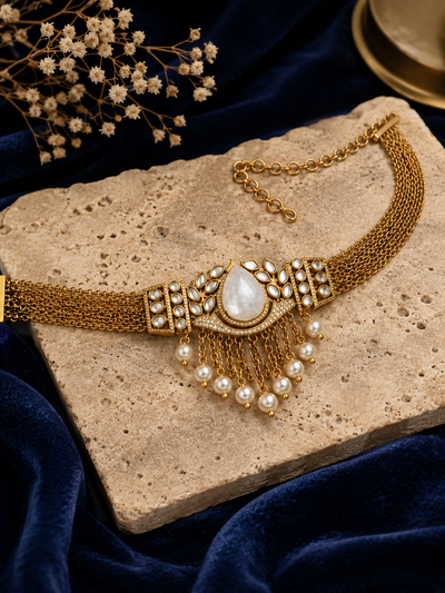 Gold Choker & Golden Leaf Mother-of-Pearl Jewelry Set