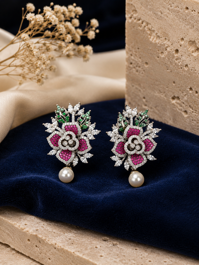 Fuchsia Floral Pearl Drop Earrings
