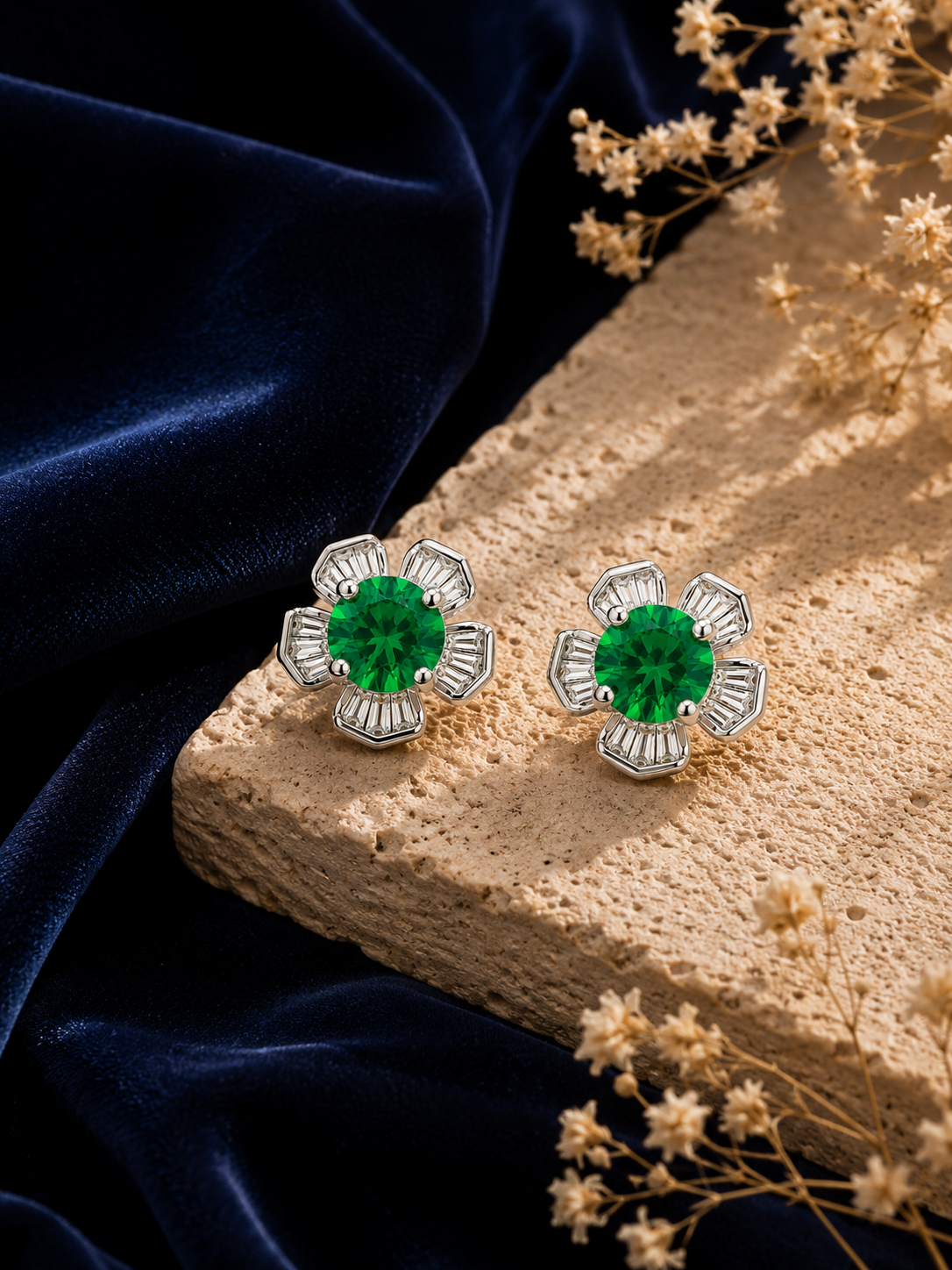 Emerald Flower Stud Earrings