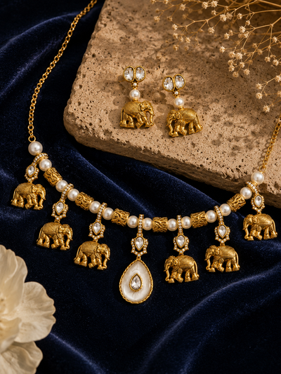 Ornate Gold Elephant Jewelry Set