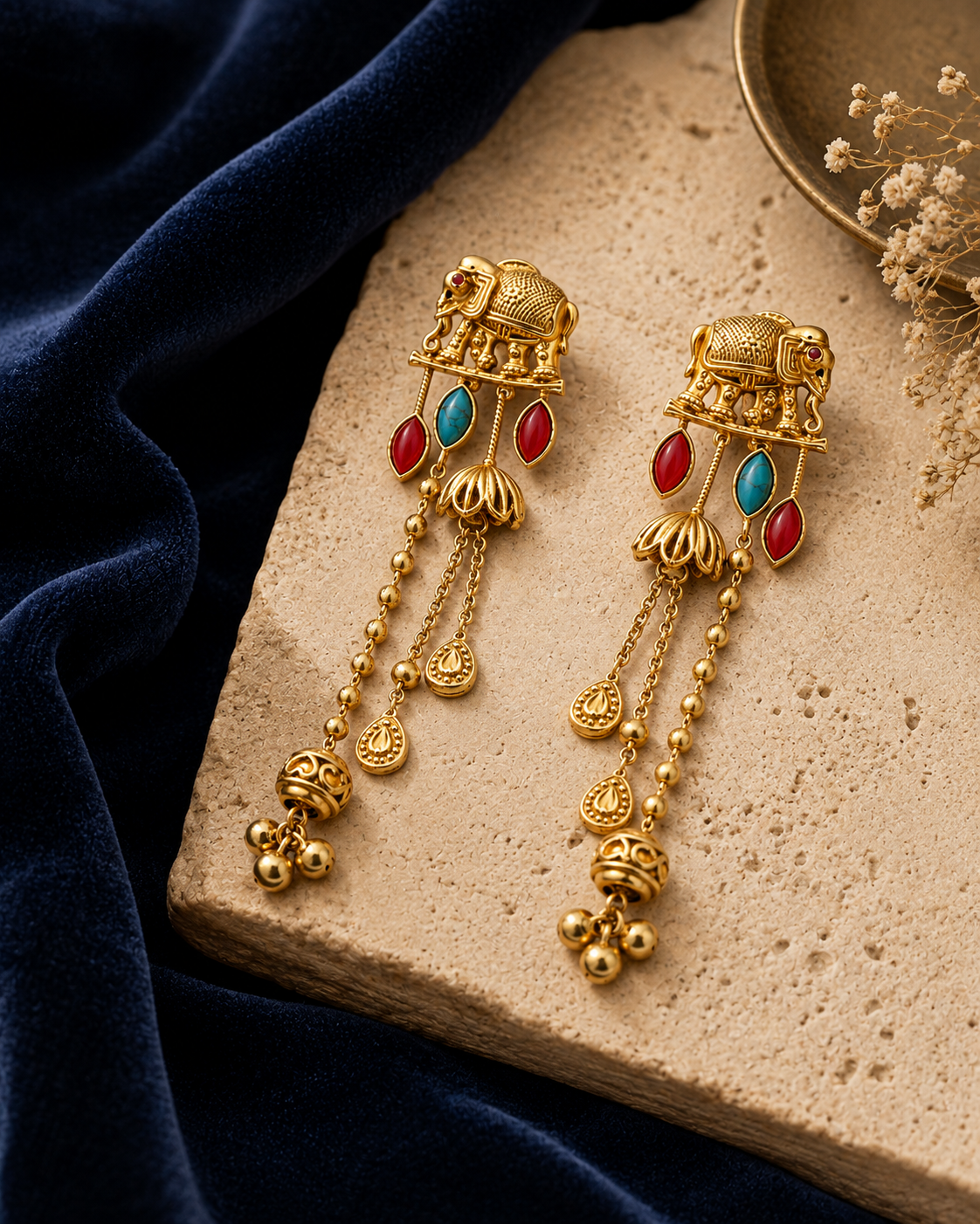 Ornate Elephant Gold Tassel Earrings