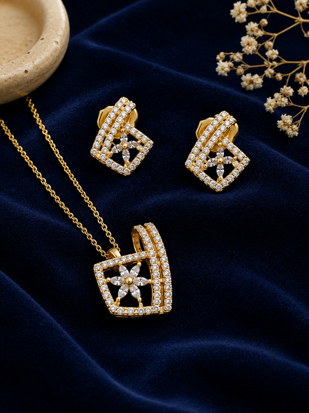 Floral Frame Diamond Pendant & Earring Set