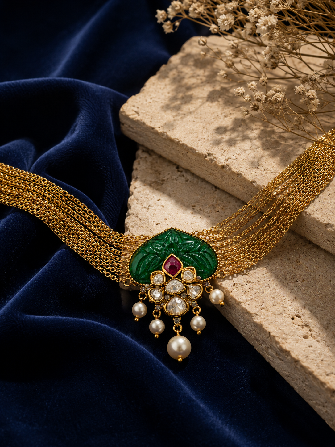 Ornate Emerald & Pearl Drop Earrings