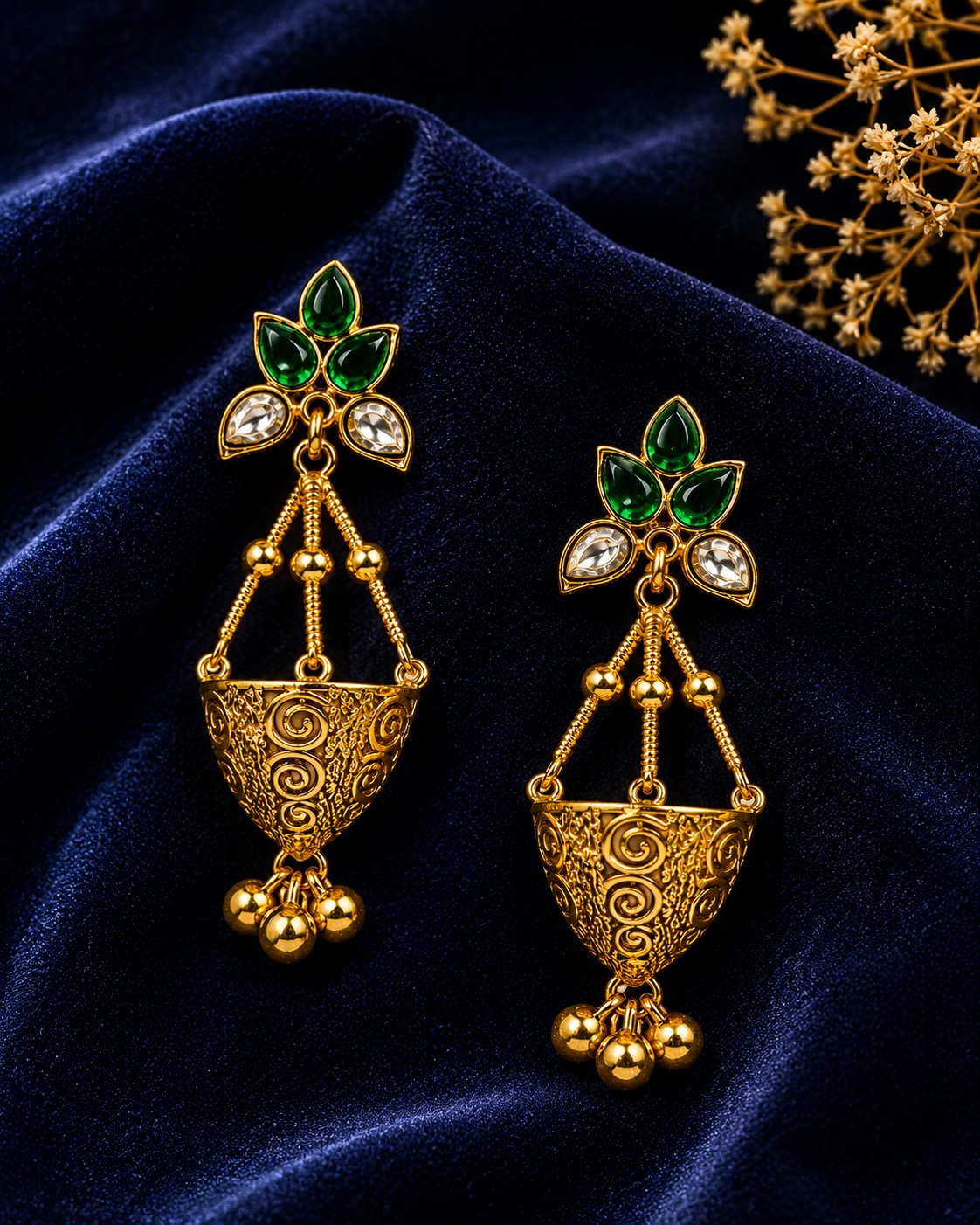 Ornate Gold Floral Crystal Earrings