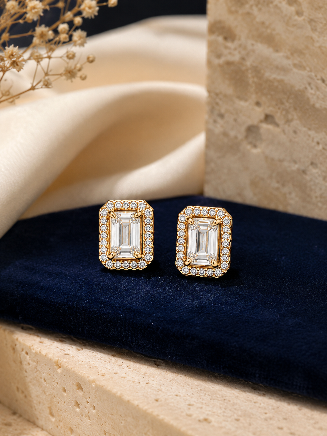 Emerald-Cut Gold Diamond Stud Earrings