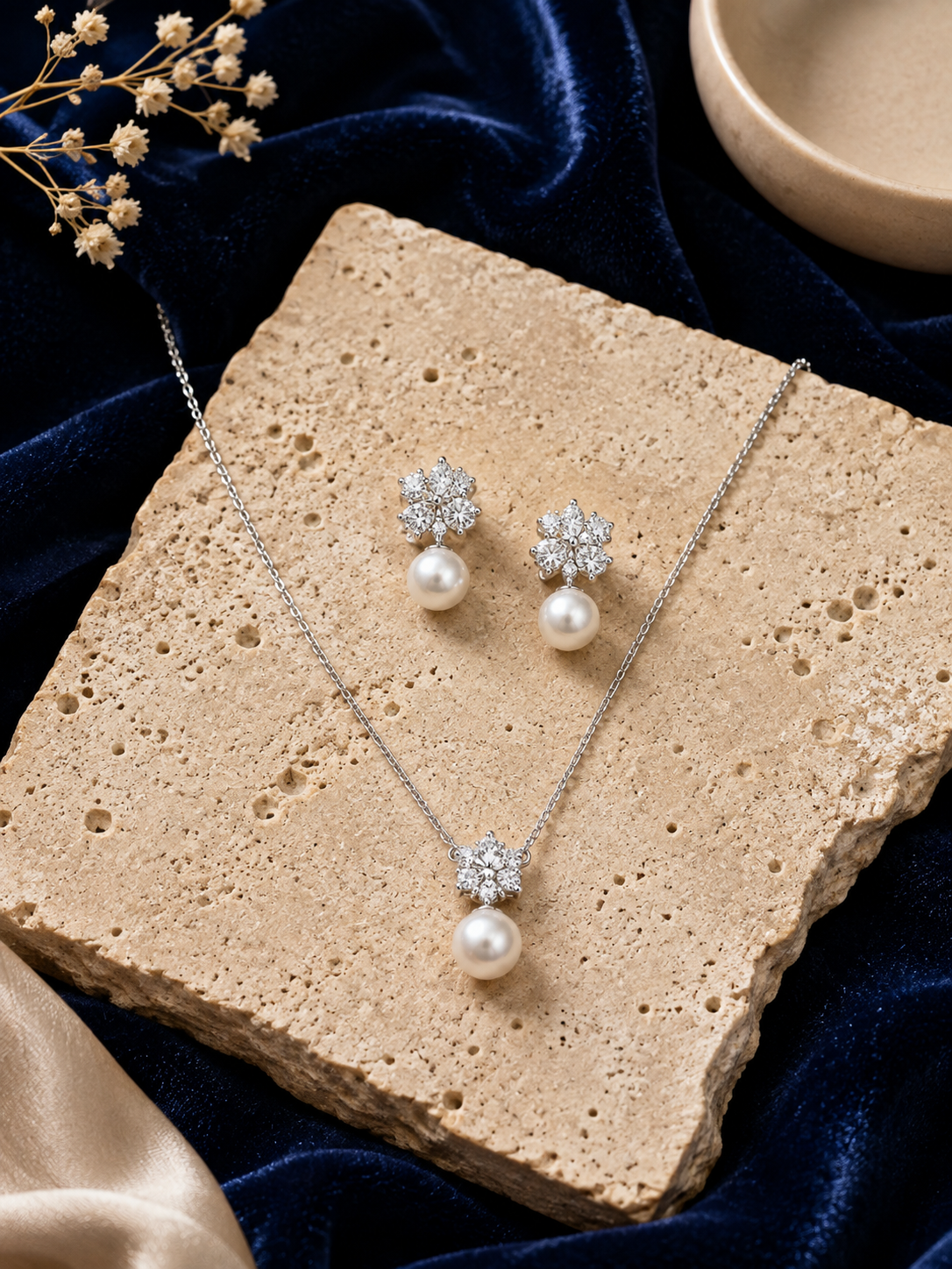 Pearl and Diamond Floral Jewelry Set