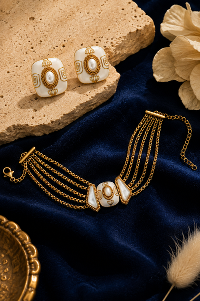 Ornate Gold & Pearl Enamel Jewelry Set