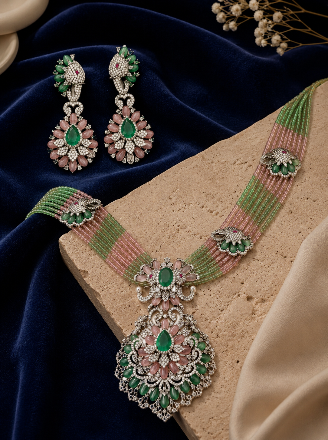 Ornate Emerald and Pink Jewelry Set