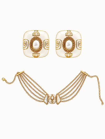 Ornate Gold & Pearl Enamel Jewelry Set
