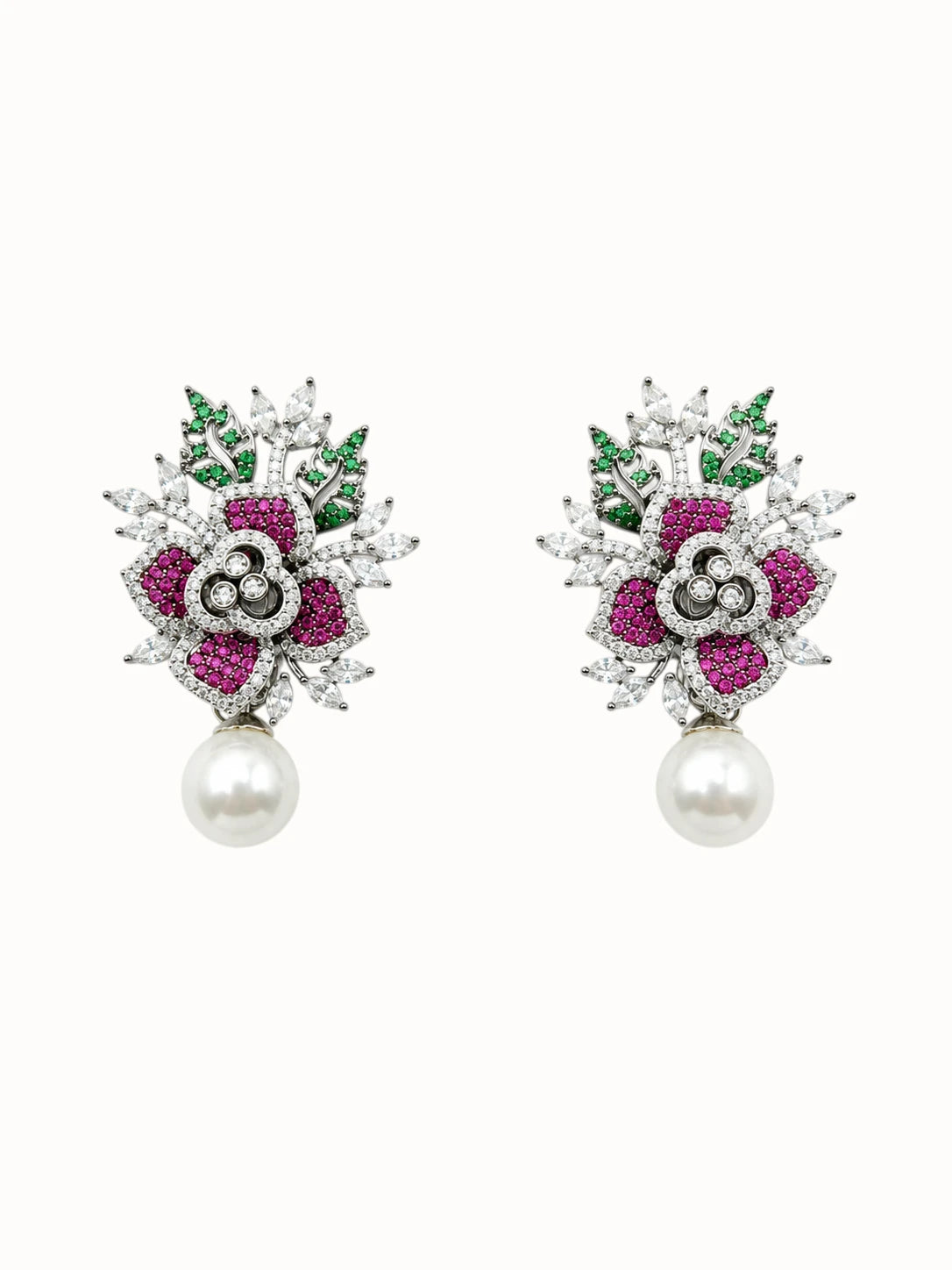 Fuchsia Floral Pearl Drop Earrings