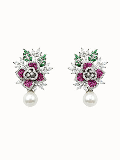 Fuchsia Floral Pearl Drop Earrings