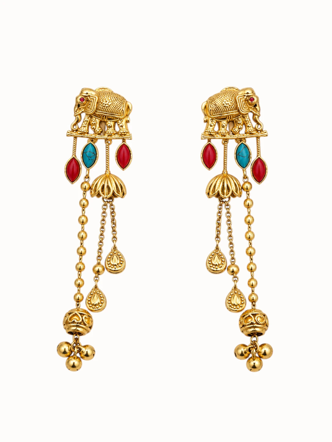 Ornate Elephant Gold Tassel Earrings
