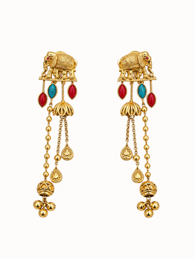 Ornate Elephant Gold Tassel Earrings